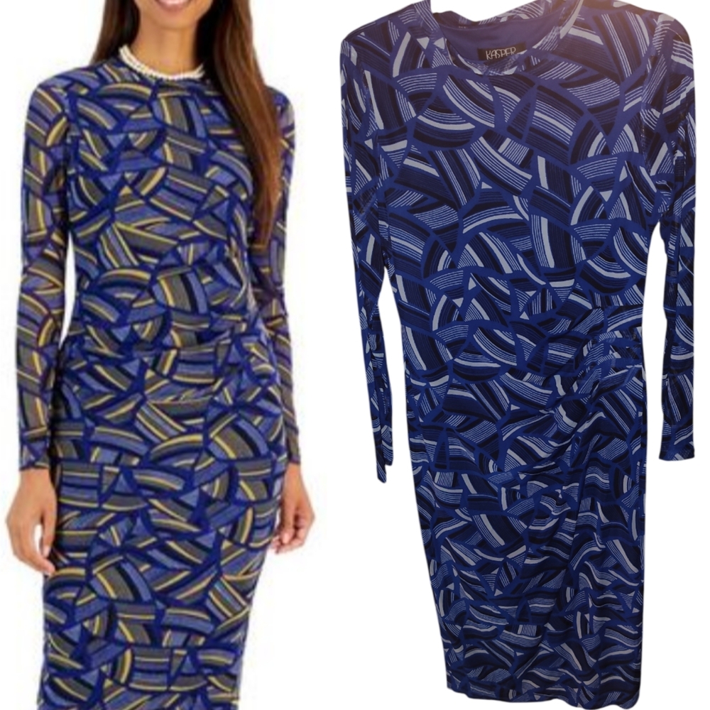 Kasper Blue Patterned Long Sleeve Mesh Sheath Stretch Dress Medium Midi